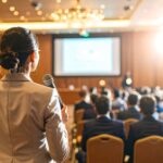 mujer de espaldas con micrófono en conferencia