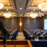 salón de conferencia vacío con el micrófono listo