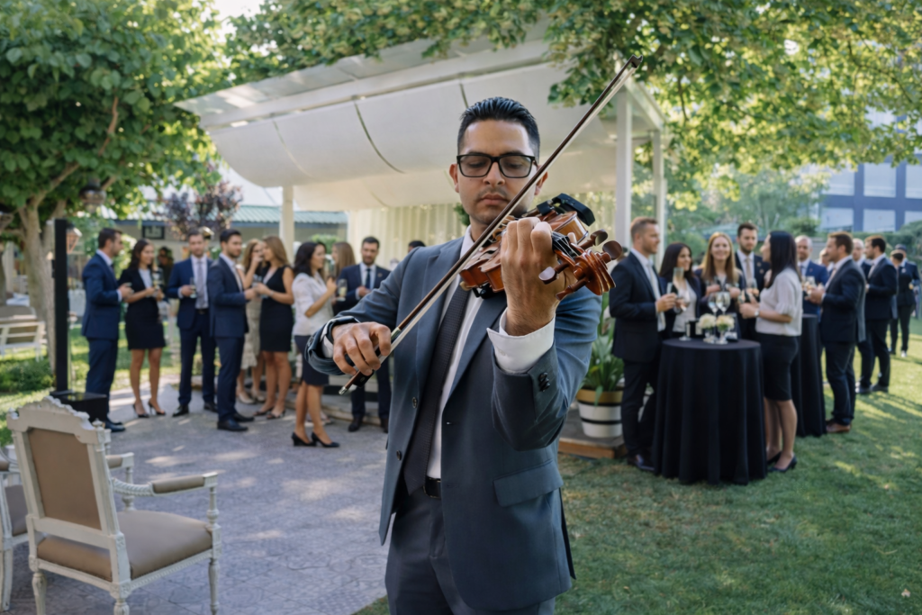 violinista en evento corporativo coctel al aire libre en Zonachic Josué Rugama